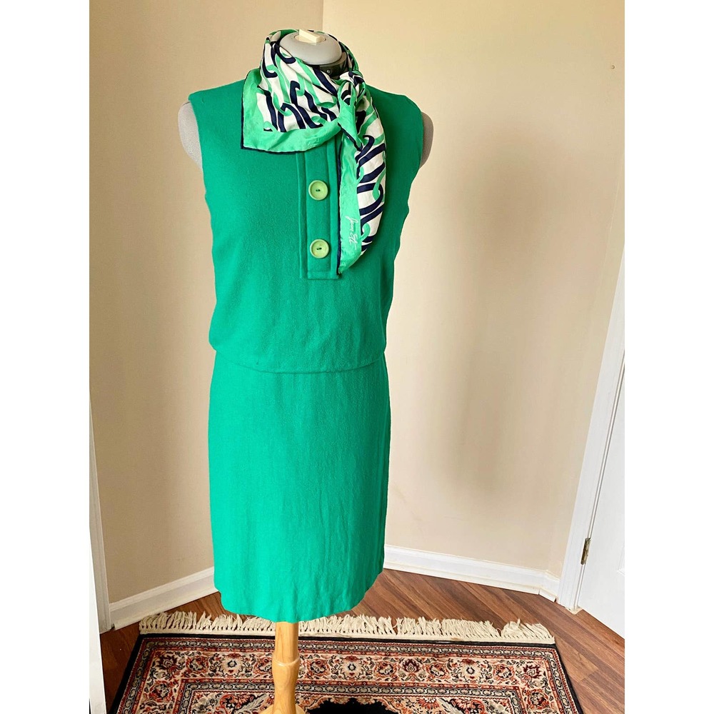 Vintage green dress, green wool dress, sleeveless wool, m